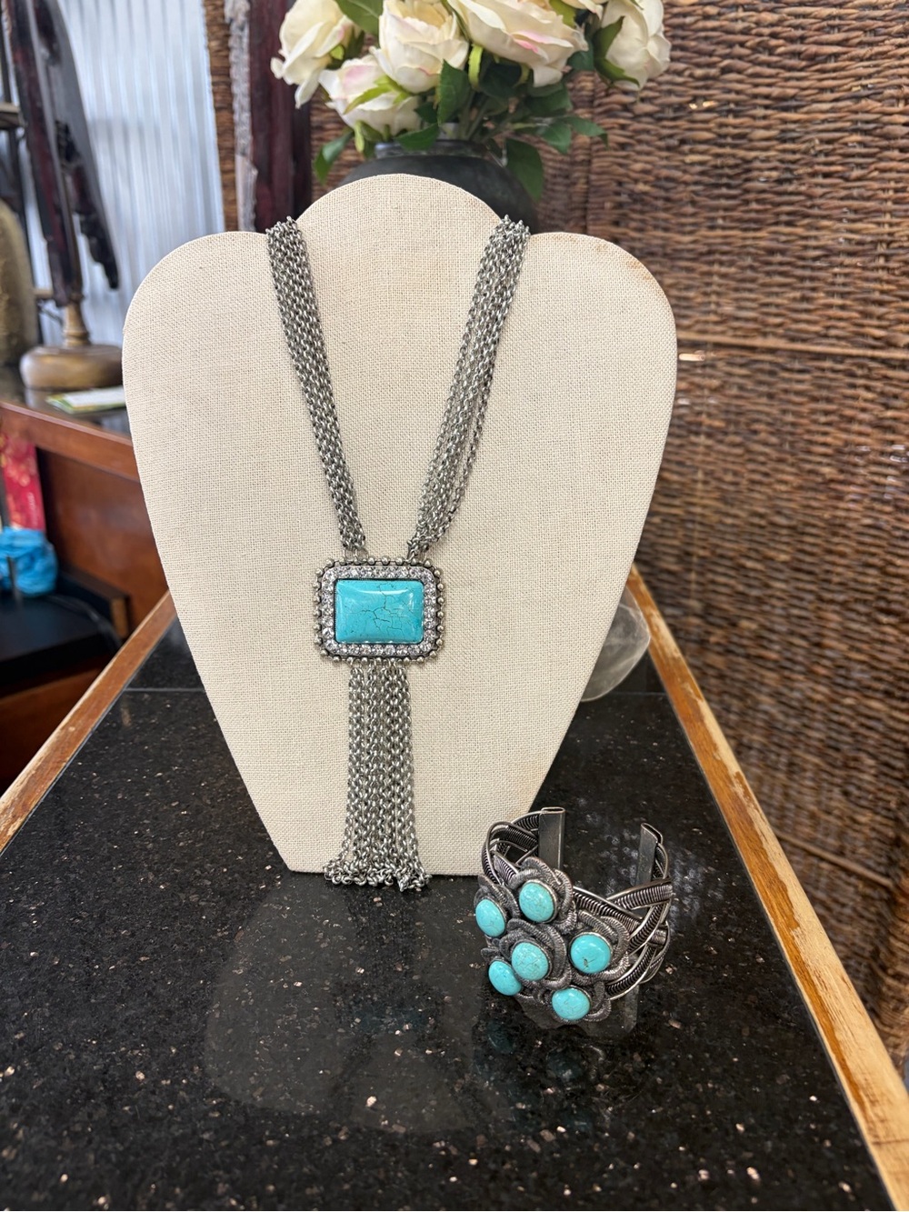 Turquoise Stone Multi-Chain Pendant Necklace and Cuff Bracelet Set - Blue -